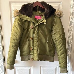 Vintage Juicy Couture Olive Green Puffer Jacket with Faux Fur Trim